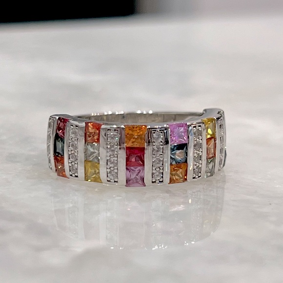 Jewelry - Multicolored Sapphire White Zircon Sterling Silver Band